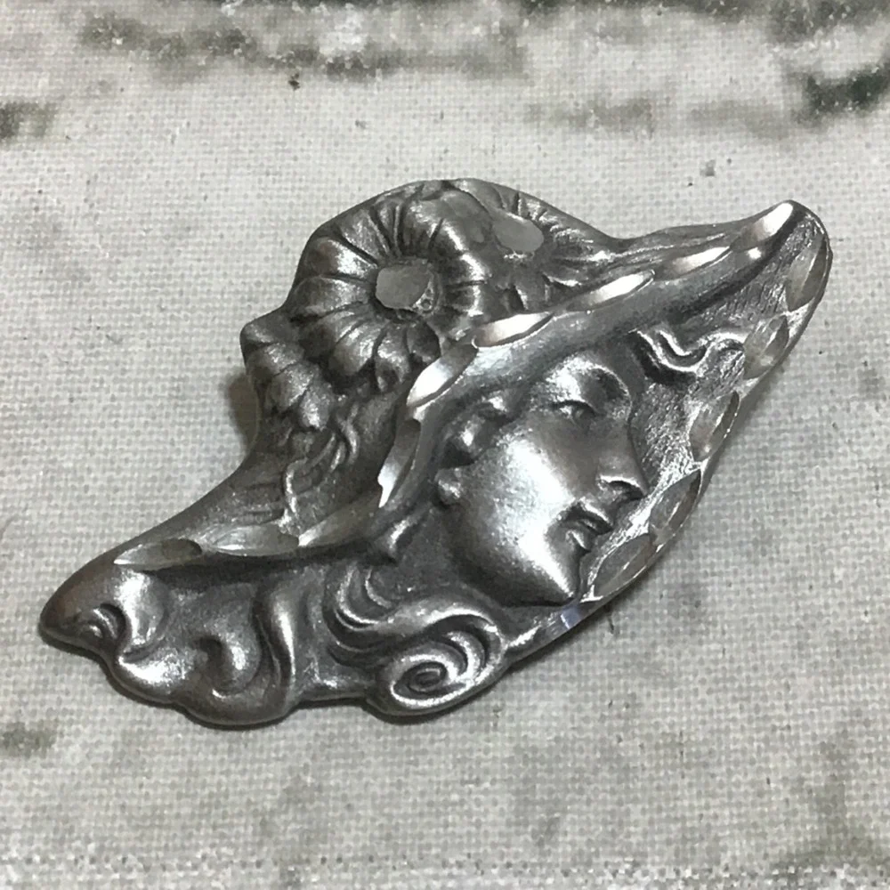 Lapel Pin‎ Brushed Metal Woman In Fancy Hat Long Hair